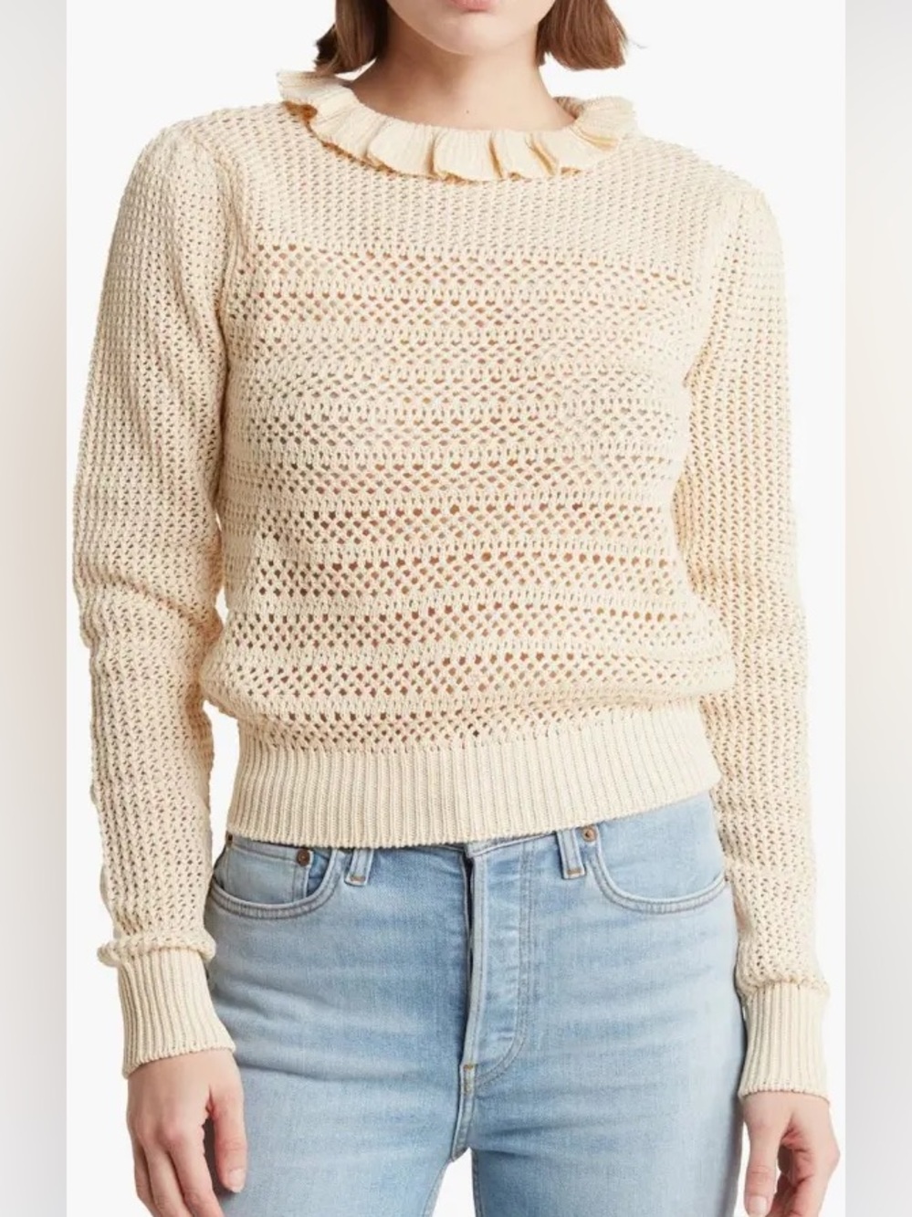 7 for all mankind Cream Open-Knit Ruffle-Neck Women's Sweater